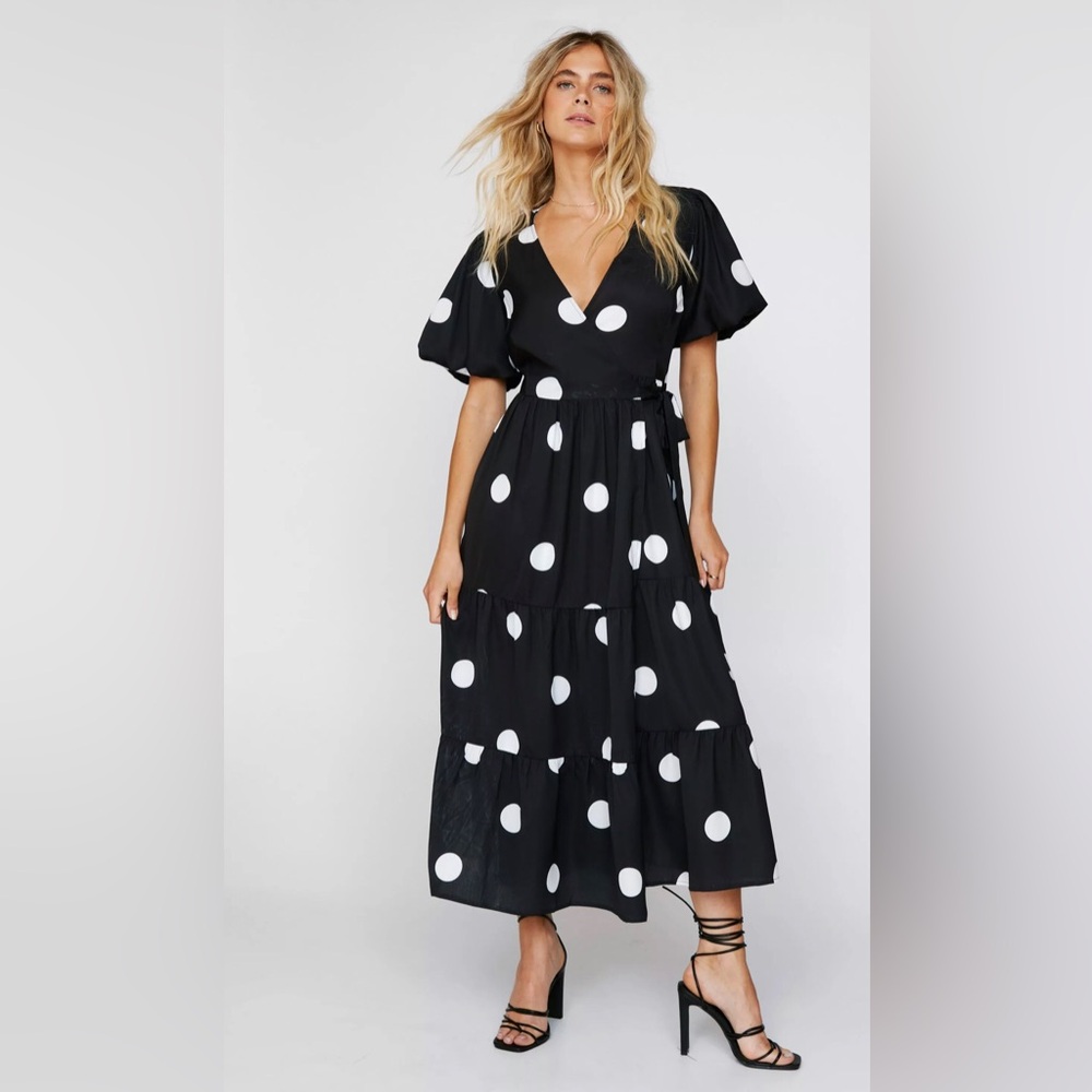Nasty Gal Midi Dress Women 8 Black White Wrap Polka Dot NWT